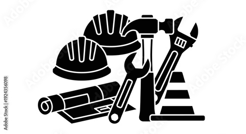 Collection of construction tools and safety gear arranged neatly on a plain surface, viewed from directly above.