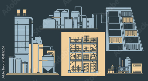 Industrial facility illustration showcasing various factory buildings and machinery from an aerial viewpoint