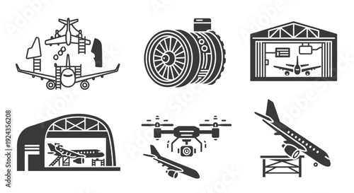 Aviation icons set featuring various aircraft and aviation-related elements in a simple, illustrated style from a straightforward viewpoint