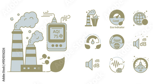 Industrial pollution monitoring devices and icons depicting environmental impact and sound levels in a graphic illustration