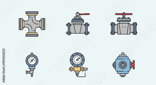 Industrial pipeline valves and gauges set against a clean backdrop, showcasing various mechanical components from a straightforward viewpoint.