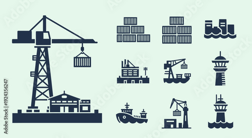Collection of industrial cranes and ships in a busy harbor scene from an aerial viewpoint