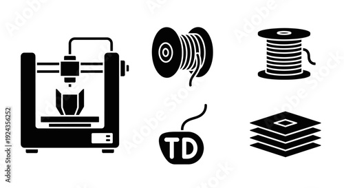 A set of icons representing 3D printing technology and materials in a simple graphic illustration