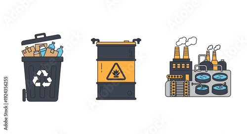 Industrial waste management illustration showing recycling bin, hazardous waste drum, and factory emissions