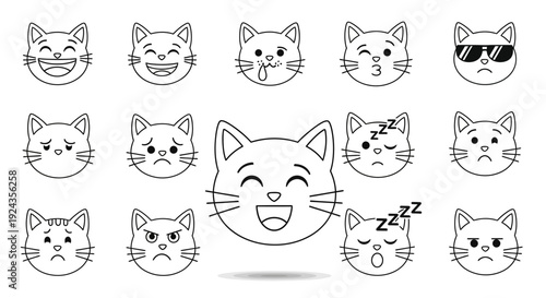 Set of cat emoticons in various expressions on white background