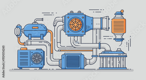 Industrial machinery system with interconnected pipes and equipment in a factory setting viewed from the side