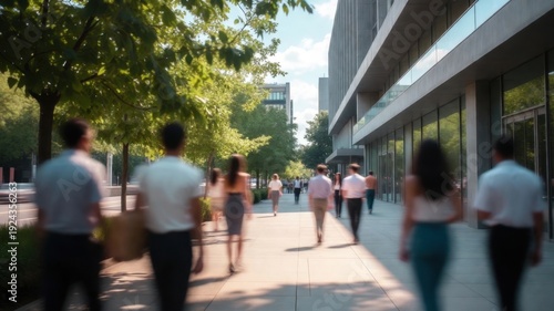 Group of people walking down a sidewalk in front of a building. The people are walking in different directions and some are carrying handbags. The scene is lively and bustling