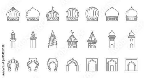 Collection of architectural elements featuring various domes and arches in a simple line art style