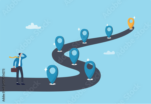 Success roadmap journey, milestone or career path achievement, route or pathway to achieve goals, accomplishment, assessment or way to success, businessman look at achievement milestone to su