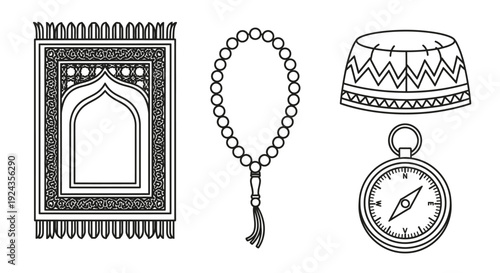 A prayer mat, rosary, hat, and pocket watch depicted in a minimalist line art style from a straightforward viewpoint.