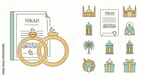 Illustration of Nikah ceremony elements including rings, documents, and mosque icons