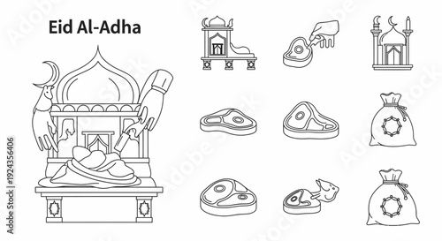 Eid Al-Adha celebration illustration featuring mosque, sacrifice, money, charity, and architecture elements