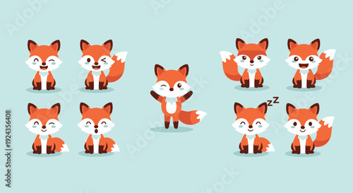 Cartoon foxes collection diverse poses and facial expressions on teal background
