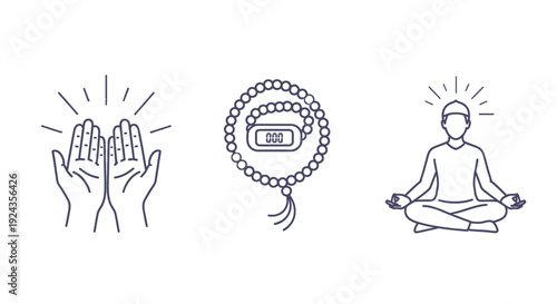 A person meditating in lotus position surrounded by symbolic representations of prayer and enlightenment