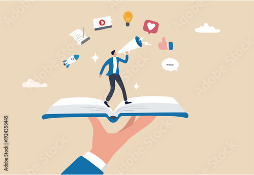 Storytelling communicate brand story or idea to listener, narrative message, content or article writing or advertising creativity concept, young man on opening book telling story on megaphone
