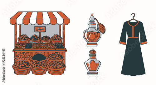 Vibrant Market Scene Featuring Perfume Bottles and Traditional Clothing on Display