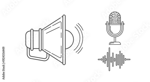 Simple line illustrations of a loudspeaker emitting sound waves and a microphone capturing audio signals