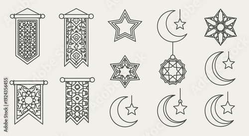 Illustration of Islamic themed banners, stars, and moons hanging in a festive environment from a direct viewpoint