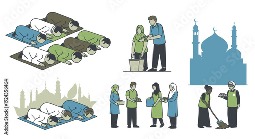 People performing various activities related to prayer and mosque maintenance depicted in a simple illustration style from a straightforward viewpoint