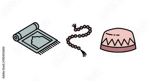 A simple drawing of a carpet, rosary, and hat displayed together on a clean background from a straightforward viewpoint