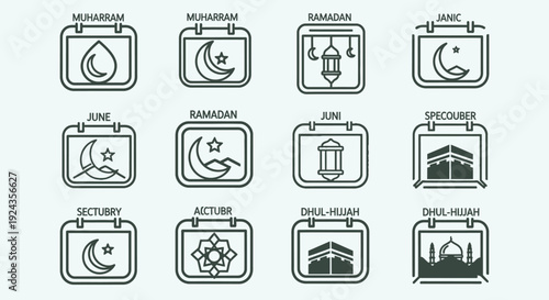 A collection of line icons representing Ramadan, Eid, and Islamic symbols on a calendar, showcasing various elements like crescent moon, lantern, and mosque.