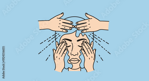A person experiencing stress with multiple hands massaging their head and face in a calming environment from a direct viewpoint