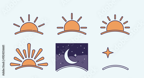 Collection of simple graphic illustrations depicting sun and moon phases in a serene environment from a straightforward viewpoint