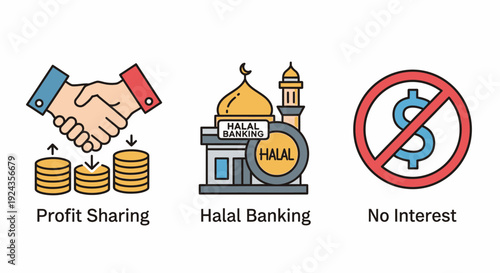 Islamic finance principles illustrated through handshake, halal banking building, and prohibition symbol on a white background from a straightforward viewpoint