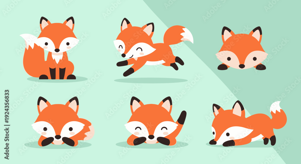 Obraz premium Cartoon foxes in various poses on a light green background vector illustration