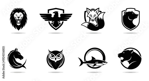 Set of animal silhouettes lion eagle fox bear horse owl shark panther