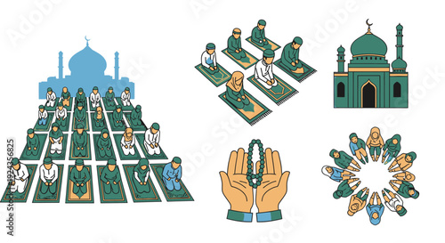 People gathering at a mosque for prayer and worship in a serene environment viewed from above