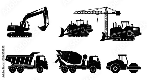 Heavy construction equipment silhouettes including excavator and crane.