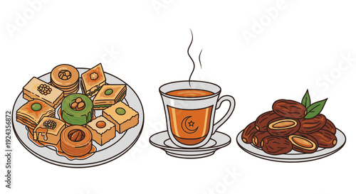 A steaming cup of tea served with assorted sweet and savory pastries on a clean white table