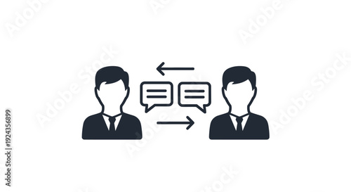 Two business professionals engaging in a conversation, exchanging ideas and information, represented by speech bubbles, in a simple illustration style