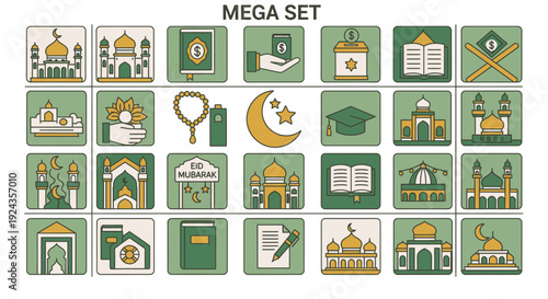 Collection of Islamic icons representing various aspects of faith and culture displayed in a grid