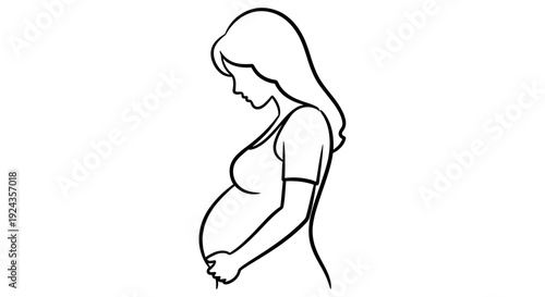 Simple line drawing of a pregnant woman touching her belly.