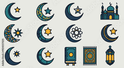 Islamic symbols and motifs illustration featuring crescent moons, stars, and religious elements in a cultural context