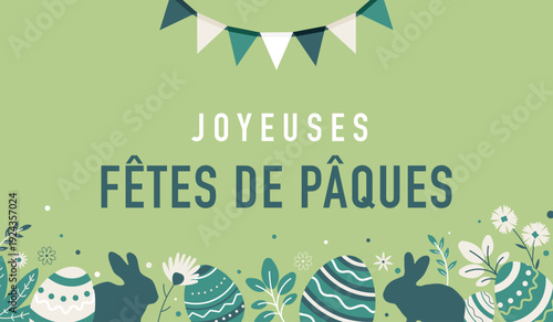 Bannière festive de Pâques avec guirlande décorative, œufs colorés et silhouettes de lapins. Idéale pour cartes, affiches, réseaux sociaux et communication printanière.