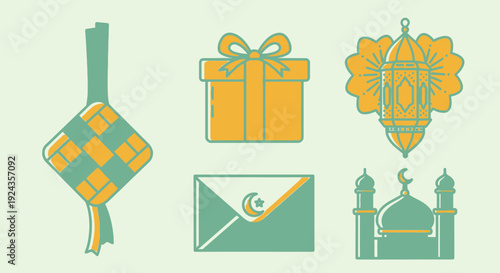 Celebratory icons for Eid al-Fitr featuring lanterns, gifts, and mosques in a festive illustration