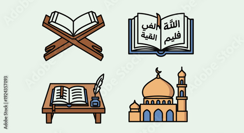 Illustration of Islamic symbols including Quran, mosque, and writing desk with Islamic calligraphy and architecture