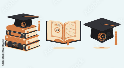 Illustration of graduation caps on books and an open book with a graduation cap nearby symbolizing academic achievement and education
