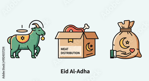 Illustration depicting Eid Al-Adha celebration with cow, meat distribution box, and donation bag icons
