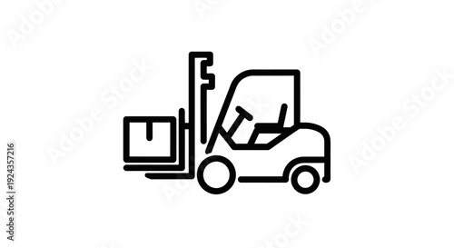 Simple black line illustration of a forklift lifting a pallet.