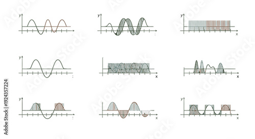 Collection of various waveform graphs and charts on a white background.