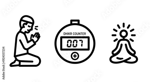 A serene meditation scene with a monk, chakra counter, and enlightened yogi in a minimalist illustration style.