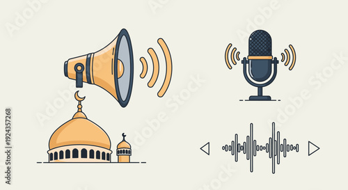 Illustration of megaphone and microphone representing communication and speech near a mosque