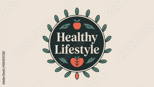 Vintage style healthy lifestyle badge with green leaves and red heart symbol on beige background