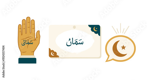 Islamic symbols and gestures depicted in a modern illustration featuring a hand, card, and speech bubble with crescent moon and star