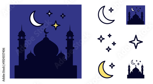 Silhouette of a mosque with crescent moon and stars, representing Islamic culture and spirituality in a serene nighttime atmosphere.