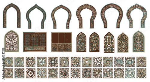 Collection of ornate arches, intricate designs, and patterned tiles displayed against a clean background from a straightforward viewpoint